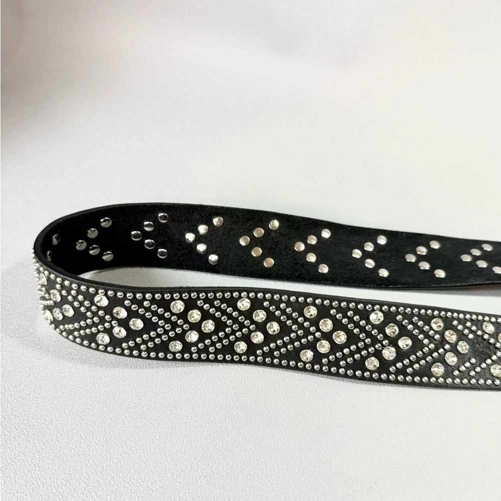 Shyanne Genuine Leather Black Rhinestone and Silver-Tone Studded Belt NWOT